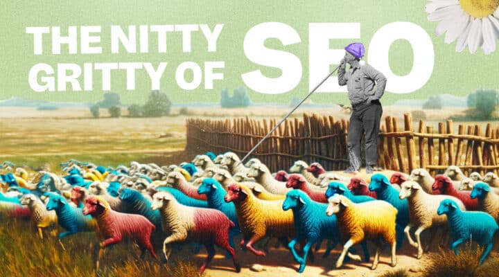 A shepherd herding a colourful flock of sheep with the words The Nitty Gritty of SEO