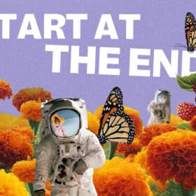 a garden of marigolds with astronauts and butterflies flying around with copy "start at the end" Purple background