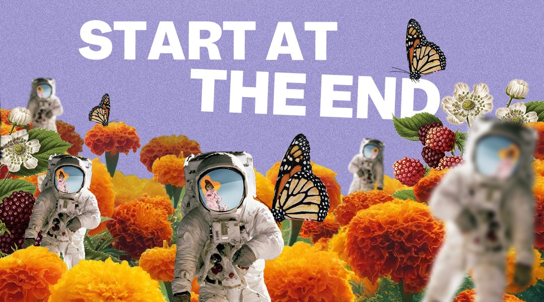 a garden of marigolds with astronauts and butterflies flying around with copy "start at the end" Purple background